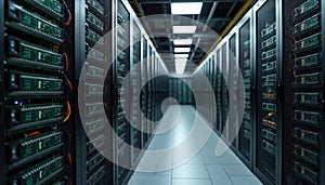 Server racks in modern data center. Technology infrastructure, cloud computing, data storage, digital information processing. Web