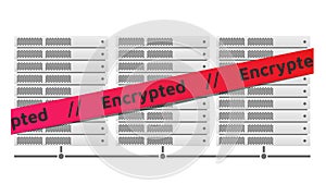 Server racks. Red ribbon message Encrypted. Virus Erebus.