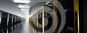 Server room data center. Backup, mining, hosting, mainframe, farm and computer rack with storage information. 3d render