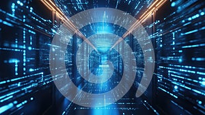 Server room aisle displaying vast digital data flow