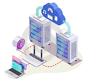Server racks, wifi router, laptop computer and cloud, vector isometric illustration. Cloud hosting internet speed.