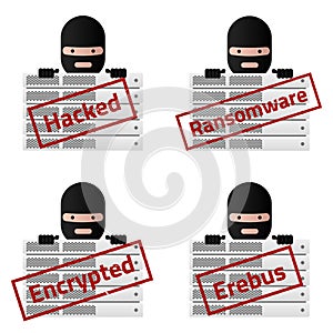 Server Red stamp messages Hacked, Ransomware, Encrypted, Erebus.