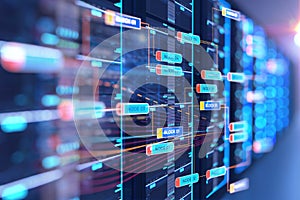 Server room 3d illustration with node base programming data des