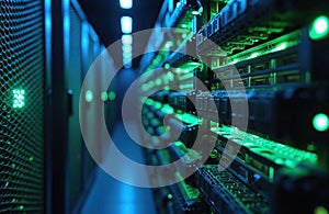 Server room with active computer servers. Data center with network equipment. Modern data storage. Data processing and cloud