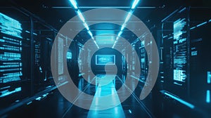 Server room aisle with glowing blue digital data and network infrastructure