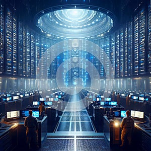 Server room in big data center with binary code design. Modern interior super computer for digital communications and internet in