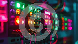 Server room blinking lights showing internet connectivity and data processing