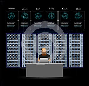 Server room, block chain texhnology, crypto currency mining, big data processing. Man on computer online mining bitcoin concept.