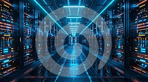 Server Room with Blue Lights - Data Center Interior