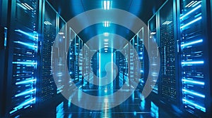 Server Room with Blue Lights - Data Center Interior