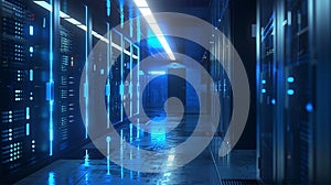 Server Room with Blue Lights - Data Center Interior