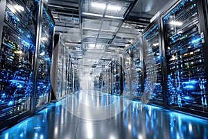 Server Room with Blue Lights and Reflections