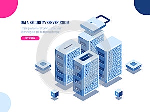 Server room cabinet, data center and database isometric icon, server rack farm, blockchain technology, web hosting, data photo