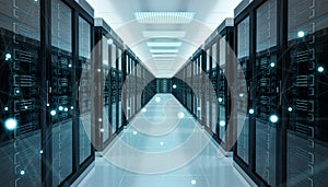 Server room center exchanging cyber datas 3D rendering