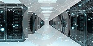 Server room center exchanging cyber datas 3D rendering