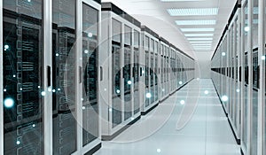 Server room center exchanging cyber datas 3D rendering