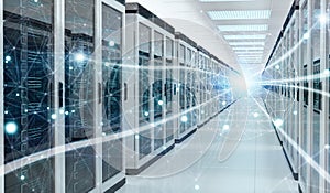 Server room center exchanging cyber datas 3D rendering
