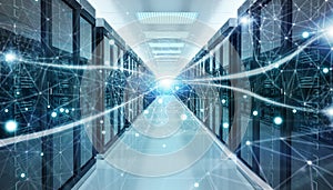 Server room center exchanging cyber datas 3D rendering