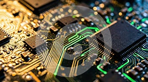 Server Room Circuit Board Macro. Extreme macro view of a computer motherboard, emphasizing glowing gold and green traces and