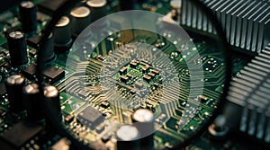 Server Room Circuit Board Macro. Extreme macro view of a computer motherboard, emphasizing glowing gold and green traces and