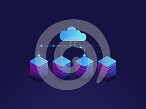 Server room, cloud storage icon, datacenter and database concept, data exchange process isometric photo