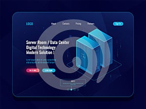 Server room and cloud storage isometric icon, big data center, database visualization, data flow dark neon vector