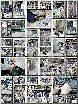 Server room collage with technician