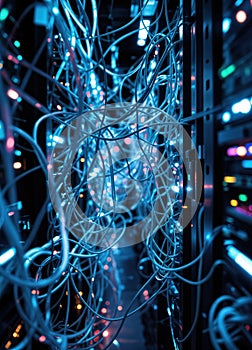 network server room with fiber optic cables connected to ports - technology background. Tangled Server Room Cables