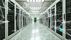Server room and connection dots in datacenter, web network and internet telecommunication technology, 3d rendering