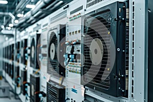 Server room cooling system featuring multiple fans working in data center