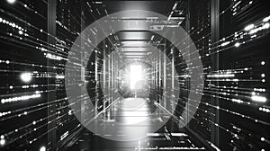 Server room corridor with data light streams