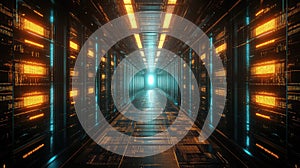 Server room corridor showing data processing and network infrastructure