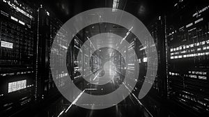 Server room corridor showing futuristic data processing network