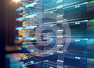 Server room 3d illustration with node base programming data des