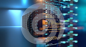 Server room 3d illustration with node base programming data des