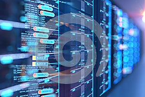 Server room 3d illustration with node base programming data des