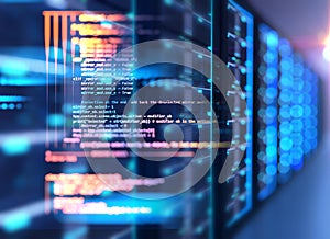 Server room 3d illustration with node base programming data des