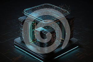 Server room 3d illustration with node base programming data design element.