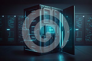 Server room 3d illustration with node base programming data design element.