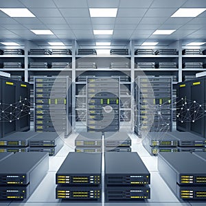 server room 3d illustration with node base programming data design element