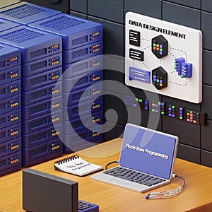 server room 3d illustration with node base programming data design element