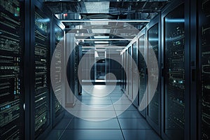 Server room data center. 3d rendering toned image double exposure, Realistic server in datacenter close up shot, AI Generated