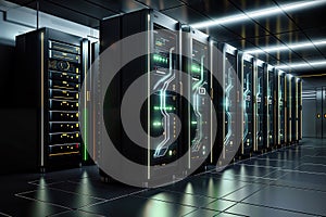Server room data center. Backup, mining, hosting, mainframe and computer rack with storage information. 3d render, generative ai
