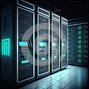 Server room data center. Backup, mining, hosting, mainframe and computer rack with storage information. Generative AI