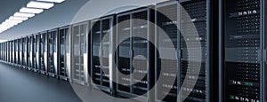 Server room data center. Backup, mining, hosting, mainframe, farm and computer rack with storage information. 3d render