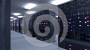 Server room data center. Backup, mining, hosting, mainframe, farm and computer rack with storage information. 3d render