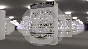 Server room data center. Backup, mining, hosting, mainframe, farm and computer rack with storage information. 3d render