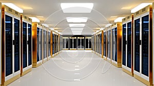 Server room data center. Backup, mining, hosting, mainframe, farm and computer rack with storage information. 3d render