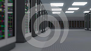 Server room data center. Backup, mining, hosting, mainframe, farm and computer rack with storage information. 3d render