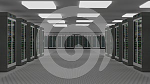 Server room data center. Backup, mining, hosting, mainframe, farm and computer rack with storage information. 3d render